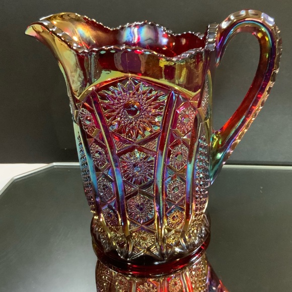 *.  Vintage Pitcher Indiana Sunset Red Carnival Glass Iridescent 2 Qt Heirloom - Picture 1 of 6